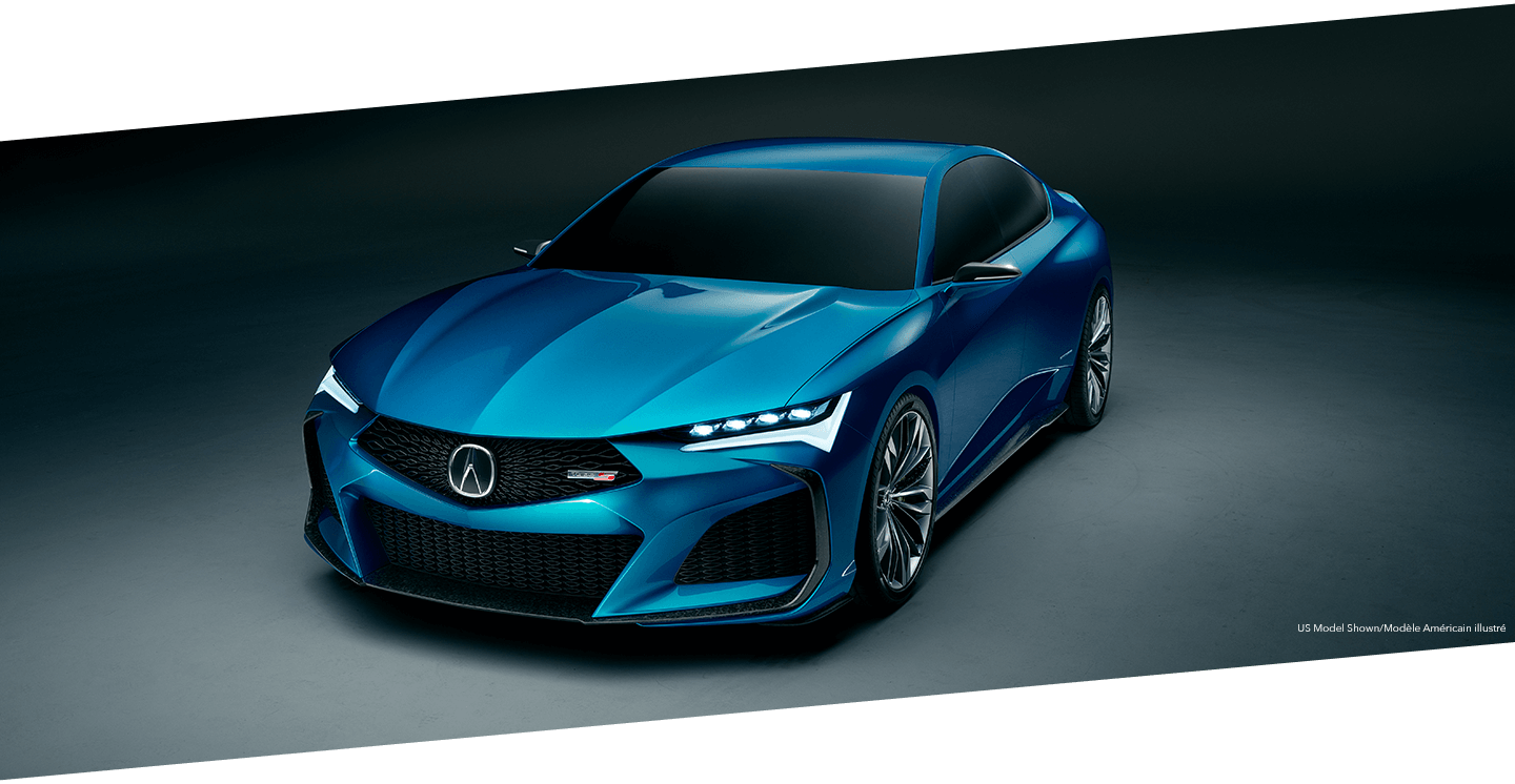 Front angled view of a blue Acura TLX Type S parked in a darkened grey space with a subtle spotlight illuminating it from above.	Vue de face et en angle d’une Acura TLX Type S bleue stationnée dans un espace gris foncé, avec une subtile lumière qui l’illumine en surplomb.